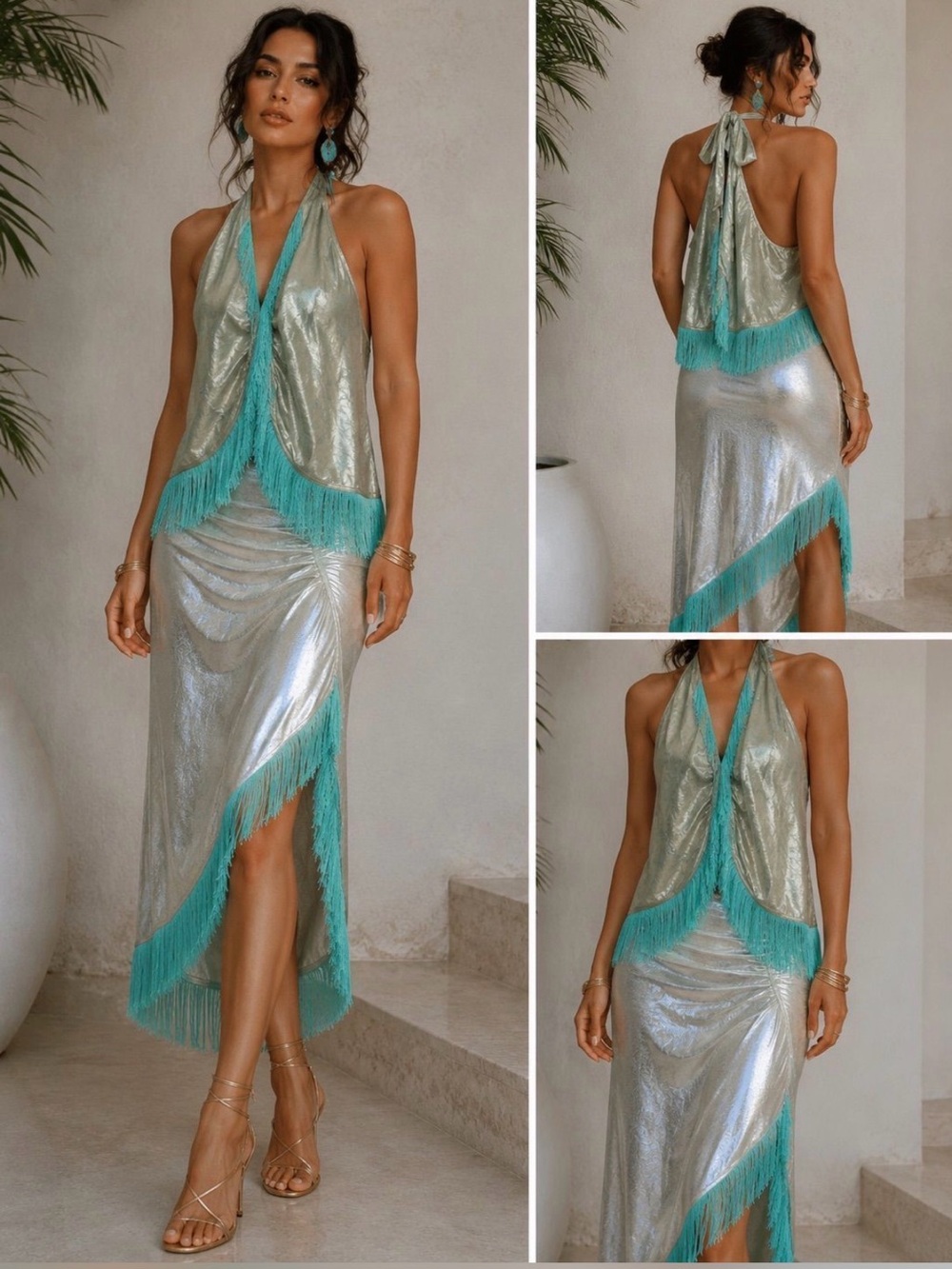 Fringe-Trim Metallic Midi Skirt in Aqua Silver